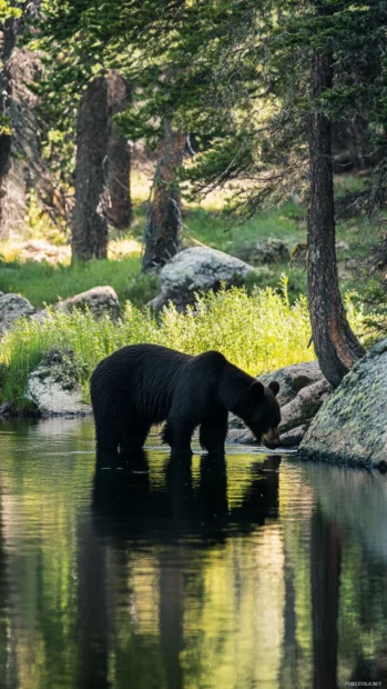 Black bear drinking from a calm river in a pine forest with natural lighting.