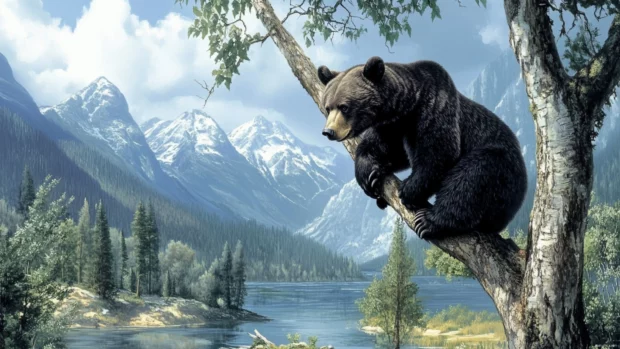 Black bear wallpaper portraying a bear climbing a tree with a scenic mountain backdrop.