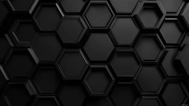 Black geometric desktop wallpaper featuring interlocking hexagon shapes with subtle bevel shadowing.