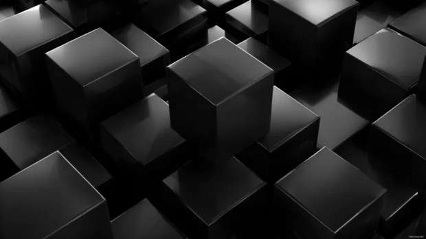 Black geometric wallpaper hd with floating 3d cubes casting realistic shadows on glossy surface.