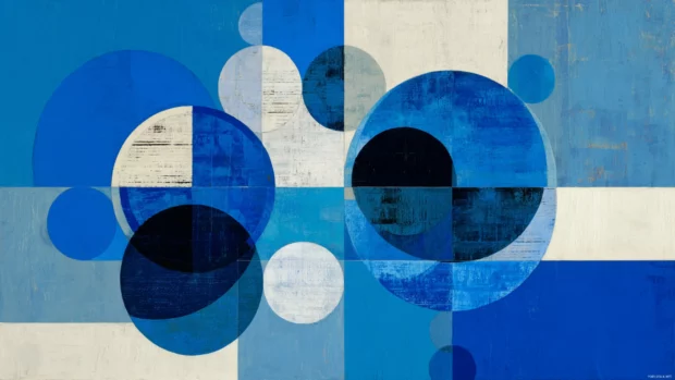 Blue Geometric abstraction with layered circles and crisp overlapping borders.