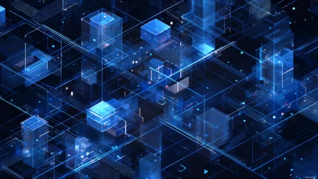 Blue Geometric grid with a futuristic layout of glowing lines and isometric blocks.
