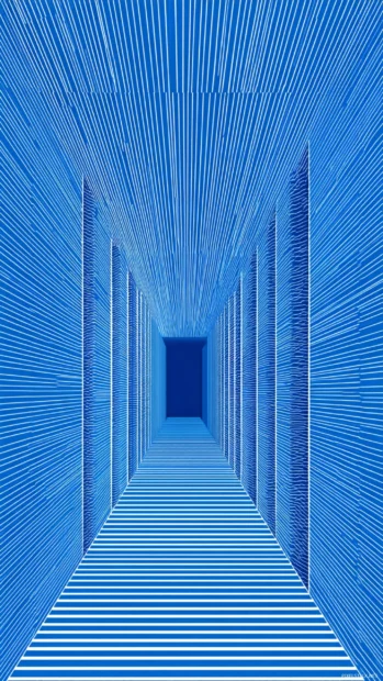 Blue Geometric lines forming a tunnel like illusion that draws the eye inward vertically.