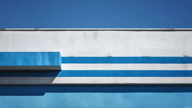 Blue Geometric stripes and bands in a rhythmic sequence across a clean horizontal composition.