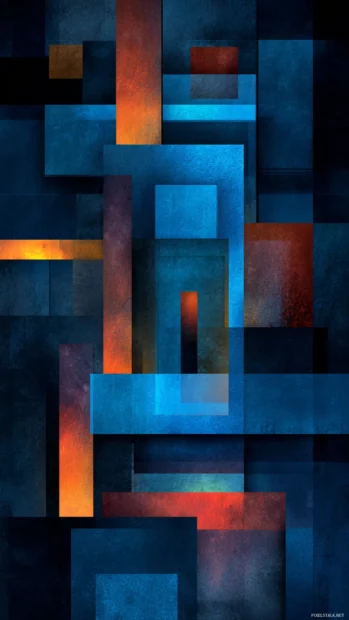 Blue Geometric stripes and blocks arranged in stacked layers with glowing inner lines.