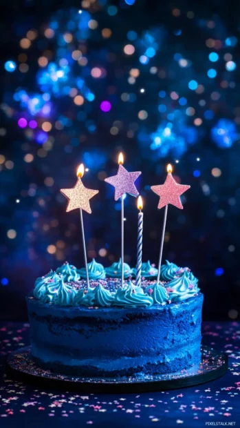 Blue birthday cake with star shaped decorations and a night sky backdrop.