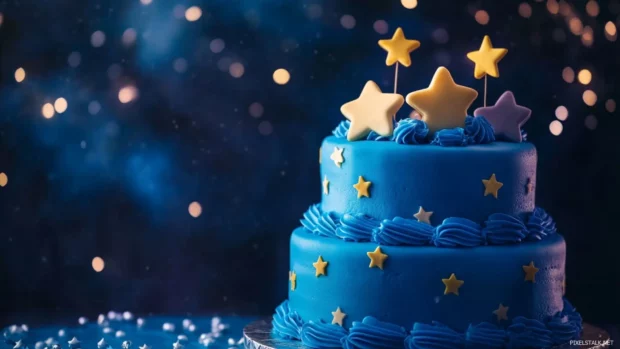 Blue birthday cake with star shaped decorations and a night sky backdrop, ideal for a dreamy wallpaper.