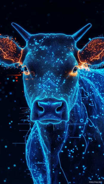 Blue cow print wallpaper with neon accents and glowing edges, embodying a futuristic design in a cyberpunk mood.