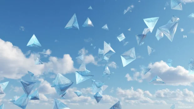 Blue geometric desktop wallpaper illustrating polygon shards drifting across soft azure sky scene.