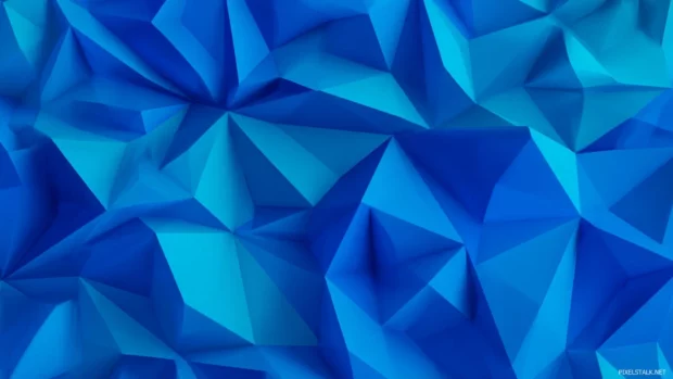 Blue geometric desktop wallpaper with bold triangular facets in neon blue and electric cyan palette.