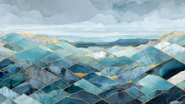 Blue geometric mural wallpaper in widescreen showing layered diamond mosaic with watercolor blue textures.