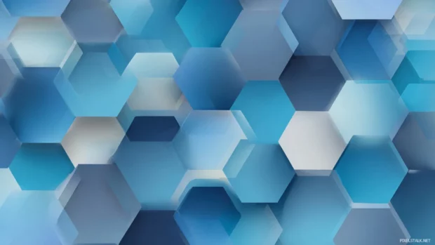 Blue geometric mural wallpaper pattern with large scale hexagons filled with gradient tones on matte finish background.