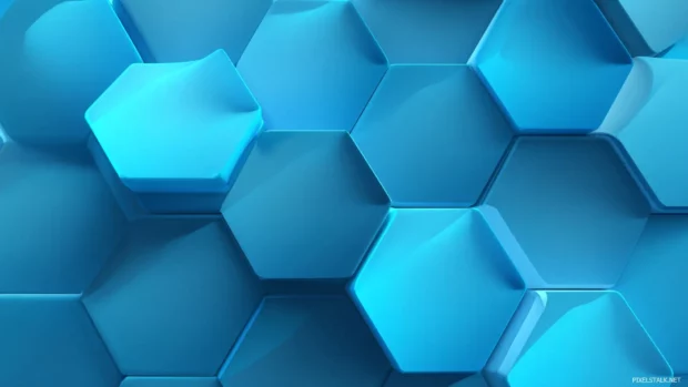 Blue geometric phone wallpaper style translated to widescreen with linear hexagon pattern and soft shadow depth.