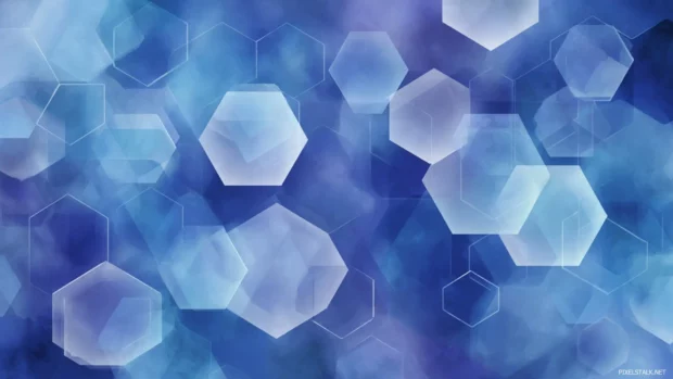 Blue geometric wallpaper hd featuring overlapping translucent hexagons on smooth navy gradient canvas.