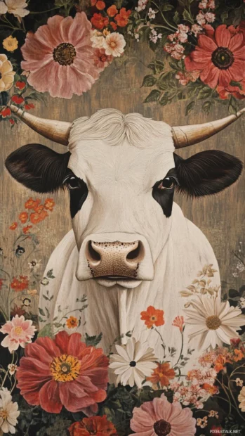 Boho cow print wallpaper mixed with floral patterns and earthy tones, presenting layered textures for a relaxed vibe.
