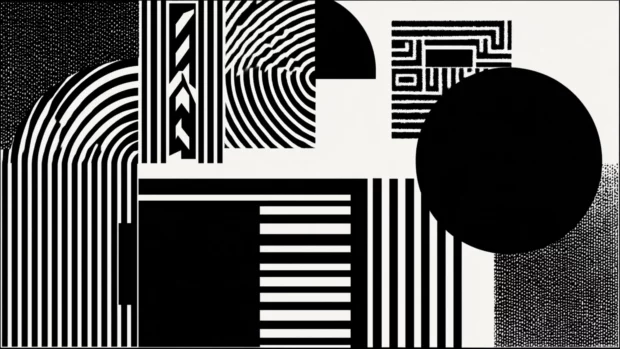 Bold Black and White Geometric composition with alternating thick and thin lines across a dynamic layout.