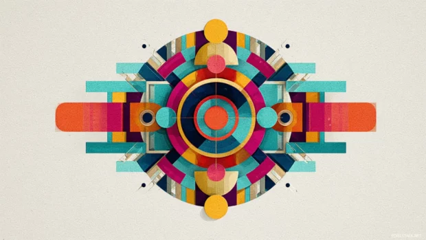Bold symmetrical Geometric illustration with radial alignment and bright accents.