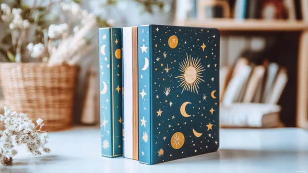 Book cover with dreamy celestial designs on a clean white table.