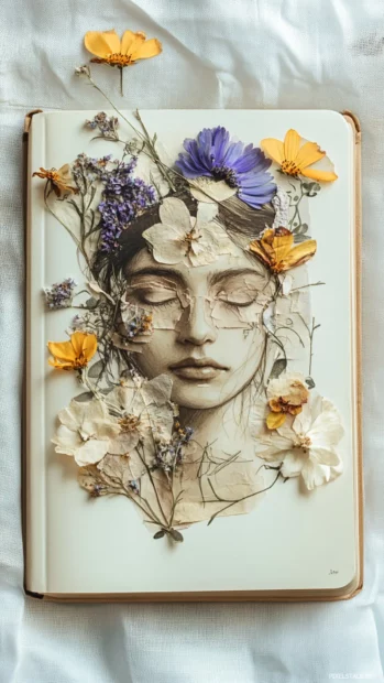 Book creative piece with sketchbook, pencils and pressed flowers.