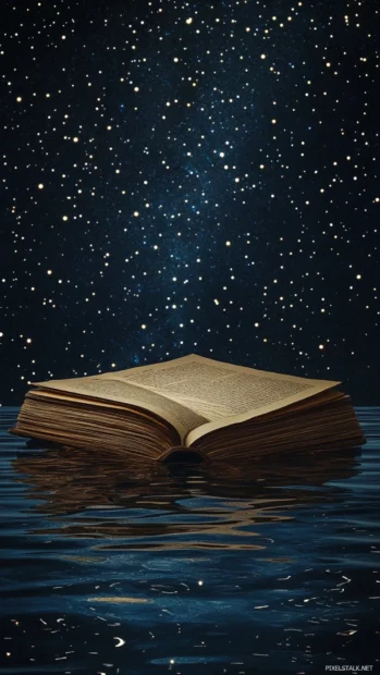 Book floating on water reflecting the stars above for a surreal book iPhone look.