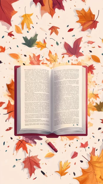 Book iPhone illustration showing an open book with falling leaves surrounding it.