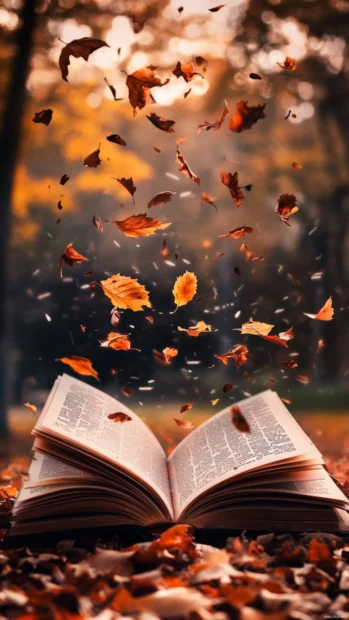 Book iPhone image with autumn leaves falling on an open hardcover.