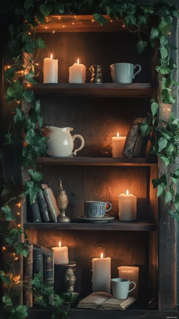 Book iPhone wallpaper aesthetic featuring a dreamy shelf arrangement with candles, coffee mugs, and ivy vines.