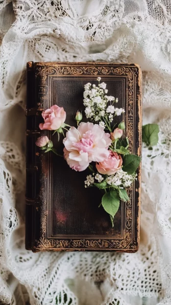 Book iPhone wallpaper with flowers tucked into the spine of a vintage journal on a lacy tablecloth.