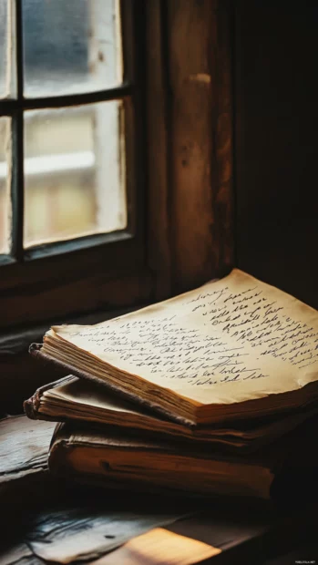 Book iPhone wallpaper with quotes handwritten across parchment pages, softly lit by natural window light.