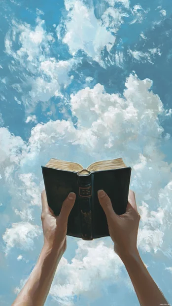 Book inspired art showing hands holding a novel against a dreamy sky.
