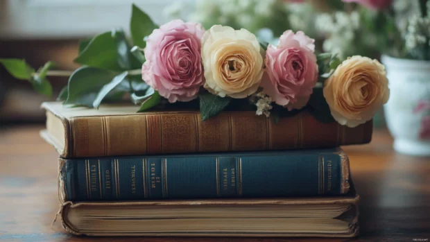 Book lover aesthetic with vintage books stacked beside fresh flowers.