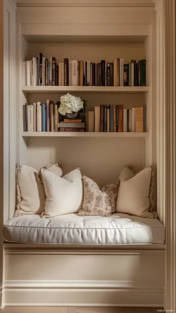 Book lover dream nook with calming beige and cream tones.