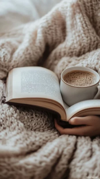 Book lover enjoying a warm coffee and soft blanket while reading.