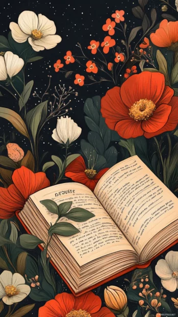 Book lover journaling notes in a diary full of floral illustrations.