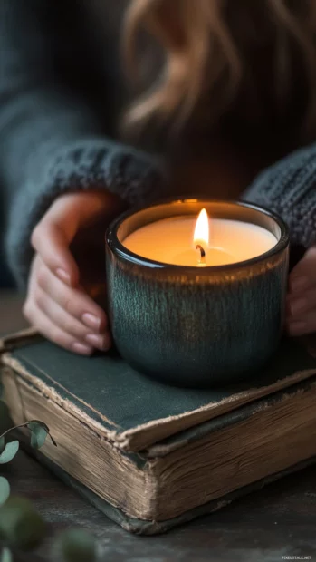 Book lover lighting a scented candle beside a hardcover classic.