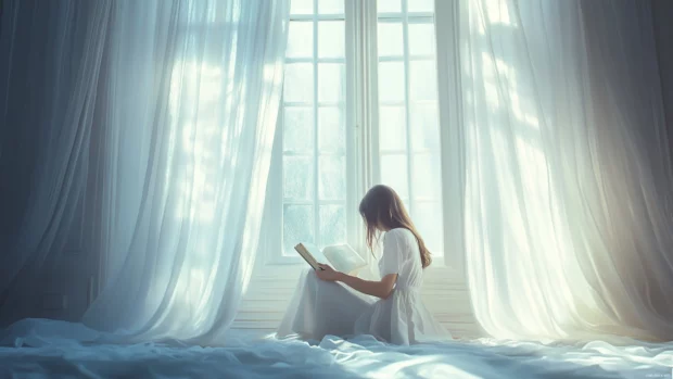 Book lover reading by a large window with delicate curtains and soft colors.