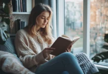 Book lover relaxing in a cozy reading nook with pastel tones, aesthetic setting.