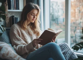 Book lover relaxing in a cozy reading nook with pastel tones, aesthetic setting.