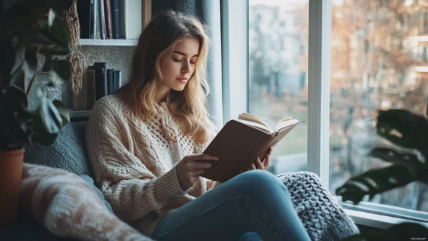 Book lover relaxing in a cozy reading nook with pastel tones, aesthetic setting.