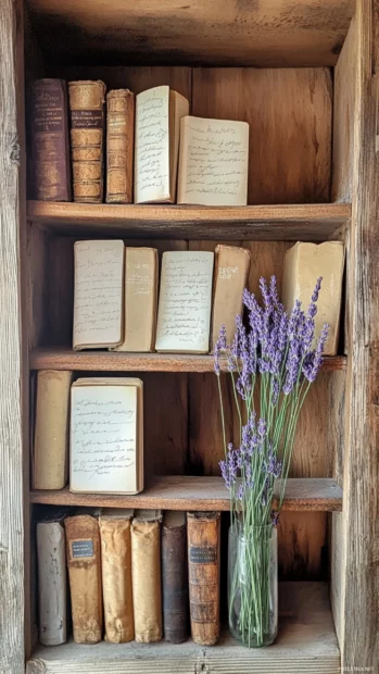 Book lover shelf with handwritten notes and lavender stems.