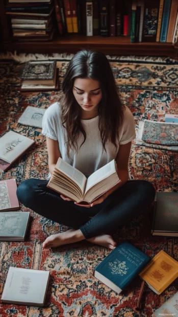 Book lover sitting cross legged on a rug, surrounded by pastel covers.