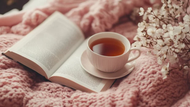 Book lover surrounded by soft blankets, tea, and muted pink decor.