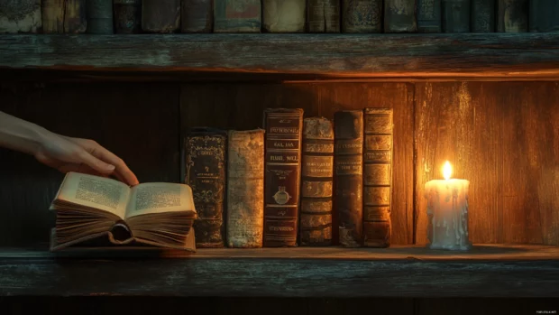 Book lover wallpaper featuring wooden shelves, worn pages, candlelight and moody ambiance.