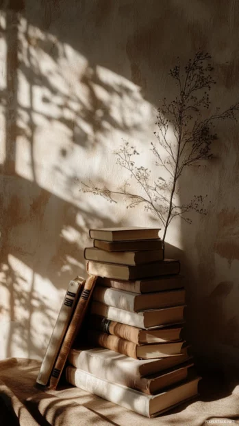 Book lover wallpaper for desktop styled with feminine detail, warm tones, stacked poetry books and soft shadow.