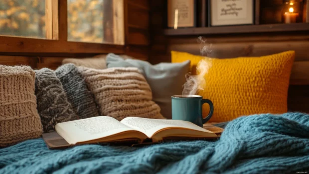 Book lover wallpaper with quotes framed on the wall, soft pillows and a steaming mug beside an open journal.