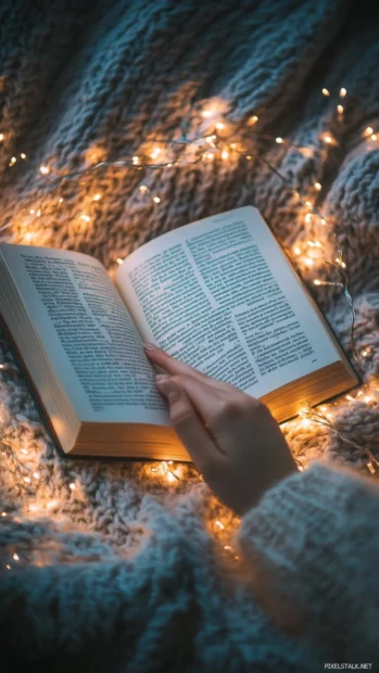 Book lovers hand flipping pages under dreamy fairy lights.