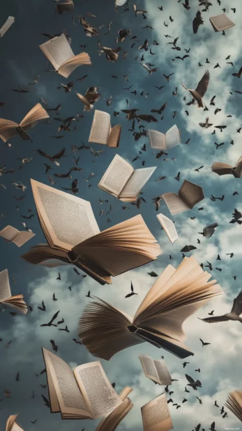 Book pages flying away into the sky like birds.