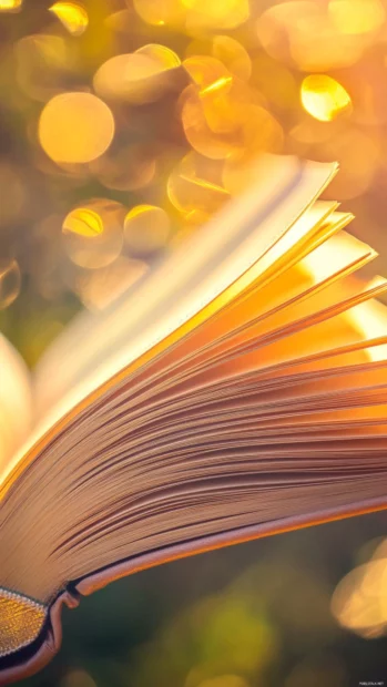 Book pages turning slowly under golden sunlight for a peaceful book image.