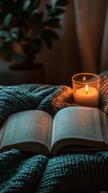 Book scene with cozy blanket and candlelight around an open diary.