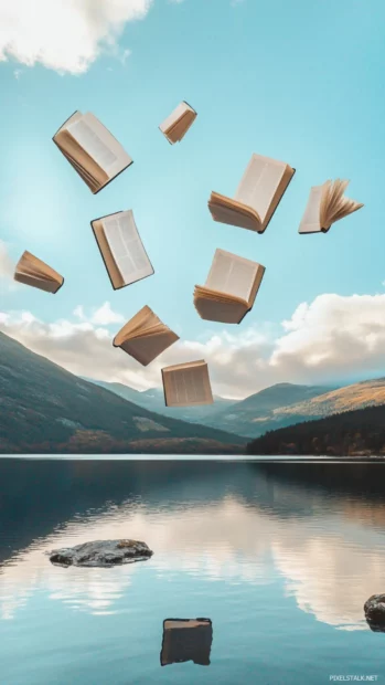 Book themed wallpaper with books flying above a calm lake.